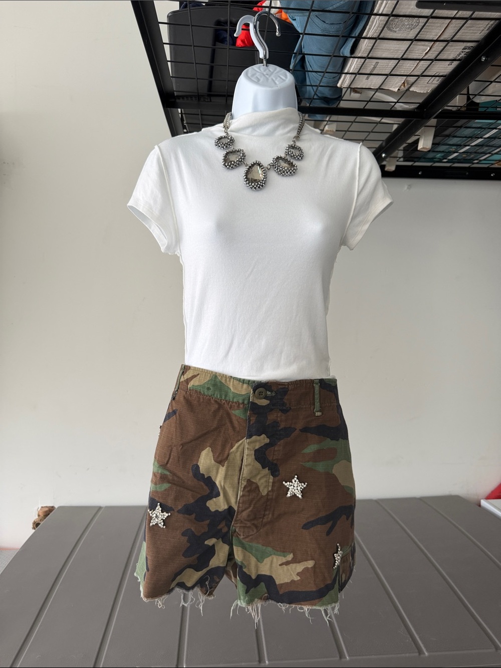 Free People Camo Cargo Shorts with Star Studs - Green, Brown, Black